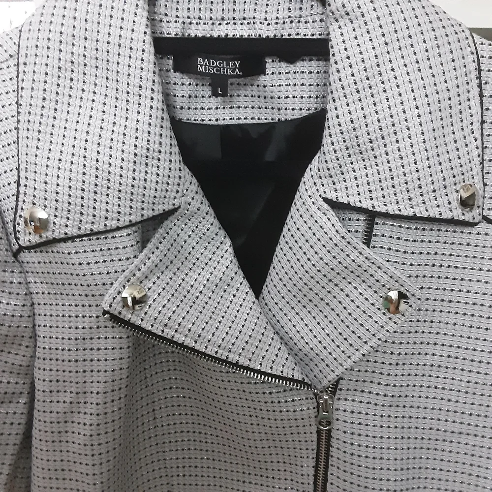 NWT Badgley Mischka Tweed Moto Jacket Grey Multi Large - Picture 7 of 15